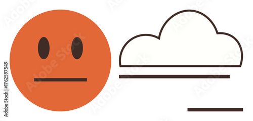 Orange neutral face next to a cloud and three horizontal lines suggestive of neutrality, reflection, or calmness. Ideal for mood, mental health, emotion, simplicity, clarity, minimalism