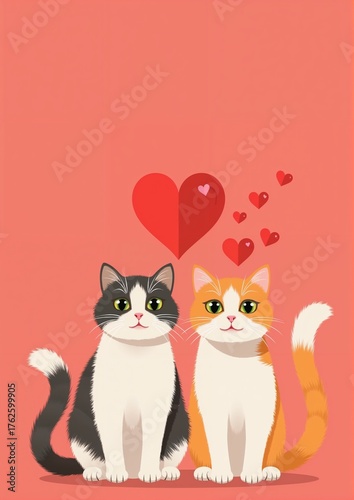 Cute cats sitting together with hearts on pink background  