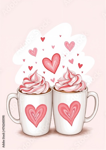 Two love-themed cups with whipped cream and hearts on pink background  