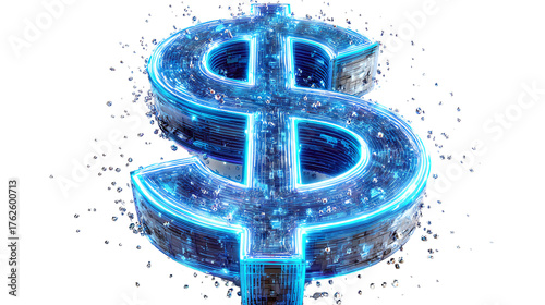 Digital Dollar: A futuristic rendition of a dollar sign glows with a vibrant blue aura, surrounded by shimmering particles, representing the digital transformation of currency.