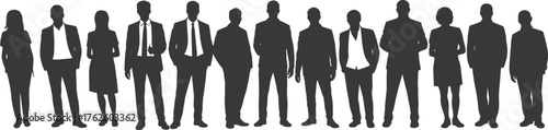 Business team silhouettes, corporate professionals standing, formal attire group, leadership concept, teamwork diversity, office staff, black white illustration, unity