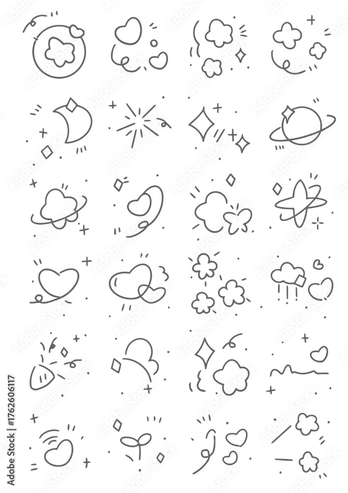 Naklejka premium A whimsical collection of hand-drawn celestial bodies, hearts, and playful abstract shapes, perfect for adding a touch of charm to any design