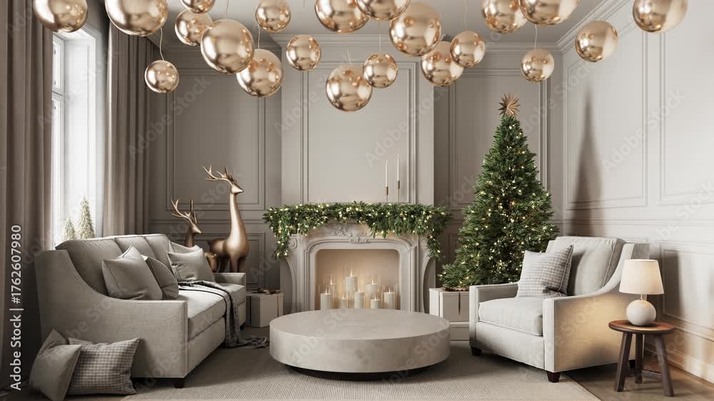 Cozy Christmas living room interior with quick blinking fairy lights on ...