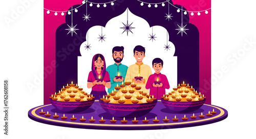 Joyful Indian family celebrates Diwali with illuminated diyas and festive decor