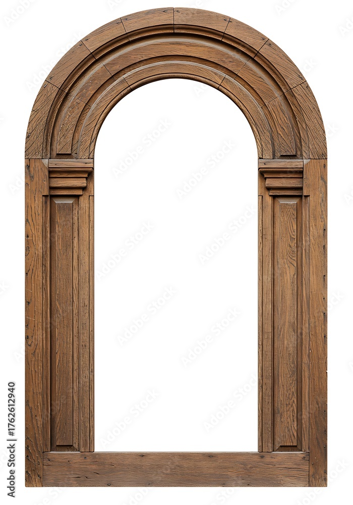 Fototapeta premium Antique Wooden Arched Window Frame Isolated on White Background.