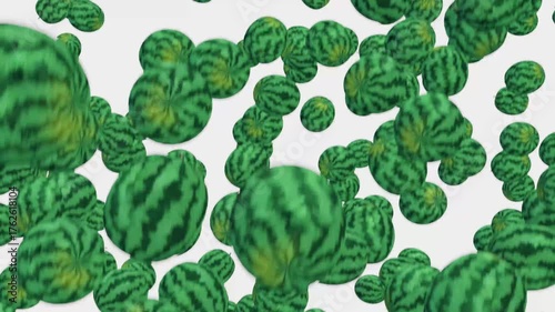 Seamless Loop 3D fresh Bright green whole many watermelons falling and rotation from the top animation against white backdrop, 4k Summer edible fruit watermelon rain animation on white background