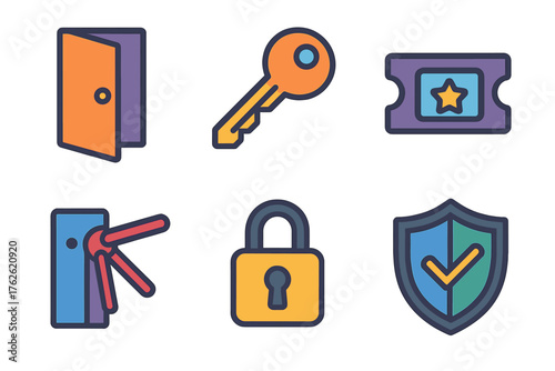 Gate entry flat icons: door, key, lock, ticket, turnstile, shield.