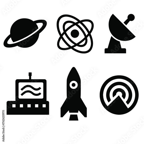 Orbital Systems silhouette set: planetary ring, orbit lines, satellite dish, control center, rocket icon, radar signal. , , High resolution, sharp vector-like appearance, ideal for