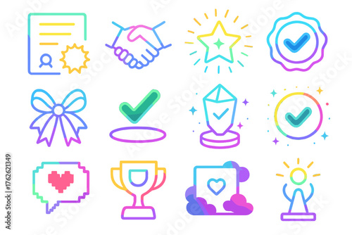 Acknowledgment Creative silhouette set: glowing certificate, neon handshake, radiant star badge, holographic seal, fractal ribbon, surreal floating checkmark, crystal approval
