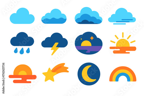 Sky Pattern Icons flat icons: fluffy cloud, wavy cloud, layered cloud, drifting cloud, cloud with raindrops, cloud with lightning, twilight sky, sunrise rays, sunset glow, shooting