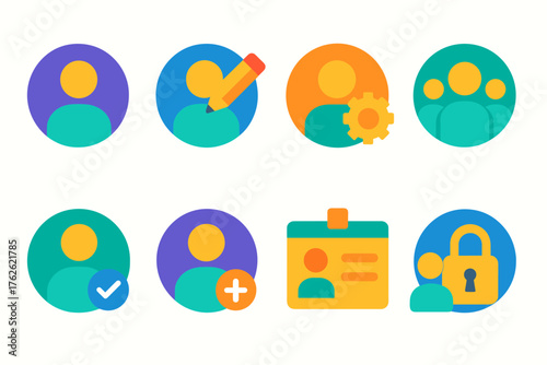 User Profiles flat icons: profile, edit, gear, group, verified, add user, ID card, lock.