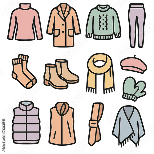 Thermal Wear Fashion — Soft Pastel Icons outline icon set: turtleneck, wool coat, knit sweater, leggings, cozy socks, ankle boots, oversized scarf, beret, mittens, puffer vest,
