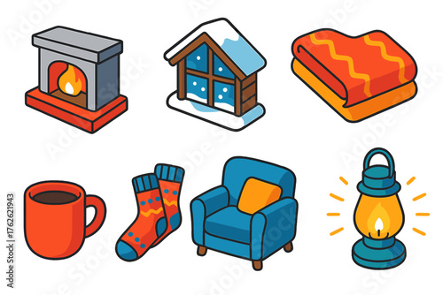 Snowy Excursions — Cozy retreat flat isometric set: fireplace, cabin window, blanket, candlelight, hot drink, wool socks, armchair, glowing lamp.
