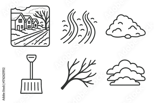 Snowstorm Aftermath outline icon set: quiet neighborhood, car tracks, snow pile, shovel blade, tree limb, overcast sky.