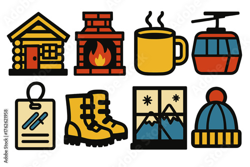 Skiing Adventures — Winter resort silhouette set: log cabin, fireplace, hot cocoa mug, cable car, ski pass, snow boots, window view, wool hat.