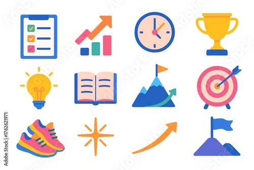 New Year Ambitions Modern Motivation Style flat icons: goal checklist, rising arrow, clock, trophy, light bulb, open notebook, mountain peak, target board, running shoes, spark,