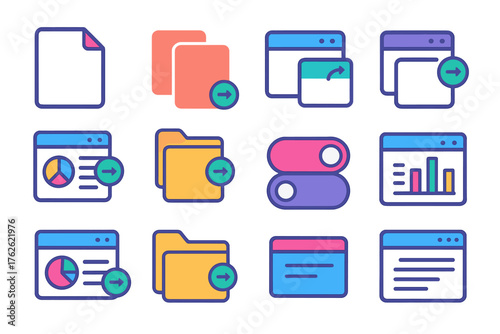 Instance UI flat icons: document copy, file duplicate, window clone, tab copy, app instance, process duplicate, task manager instance, program window, browser tab, dashboard card,