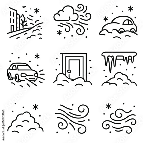 Heavy Snow Events outline icon set: snow-covered street, gusty storm, thick snow layer, car headlights in snow, blocked doorway, ice buildup, snow piles, cold breeze.