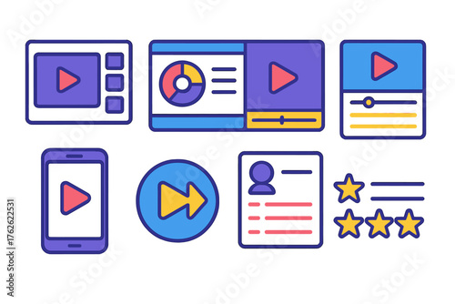 Online Content Hub flat icons: video archive, app dashboard, episode preview, play queue, mobile screen, rewind icon, user playlist, rating stars.