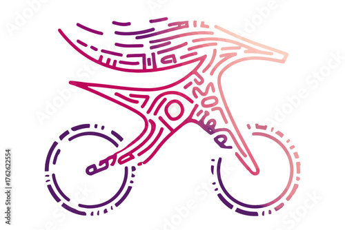 Abstract vector illustration of a biomechanical alien riding a futuristic light cycle. Dynamic sci-fi concept art for themes of speed, alien technology, and cyberpunk racing