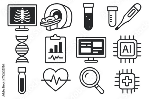 Diagnostic Technology set of icons in doodle hand-drawn vector style: X-ray screen, MRI scanner, blood test tube, thermometer, DNA code, report chart, computer monitor, AI