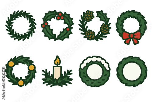 Classic Wreath Variations silhouette set: evergreen wreath, holly and berry wreath, pinecone wreath, red bow wreath, gold ornament wreath, candle centerpiece wreath, snowy frosted