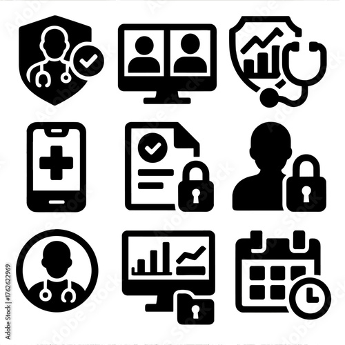 Professional Telemedicine silhouette set: verified doctor badge, structured video call, secure data chart, clinical stethoscope, enterprise health app, compliance document, private