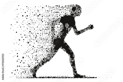 Runner disintegrating into pixels while in motion, suggesting digital teleportation, super-speed, entering virtual reality. Dynamic abstract sci-fi vector for action themes.