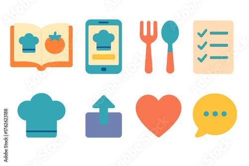 Recipe Sharing flat icons: open cookbook, smartphone app, spoon and fork, ingredient list, chef hat, upload icon, heart reaction, comment bubble.