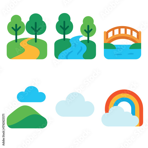 Scenic grove flat icons: path, stream, bridge, hill, cloud, rainbow.