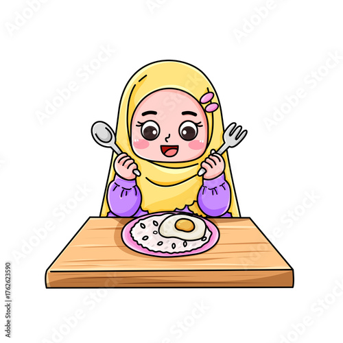 Cartoon girl in hijab with rice and egg, ready to eat.