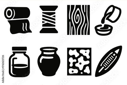 Material Blending silhouette set: fabric roll, thread spool, wood grain, molten metal, glass jar, clay pot, stone texture, weaving shuttle.