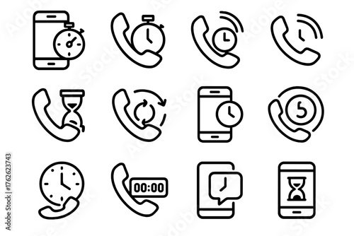 Call Timer Basics outline icon set: phone with stopwatch, handset with clock, ringing phone with timer, phone with hourglass, call duration icon, phone with circular arrows, mobile