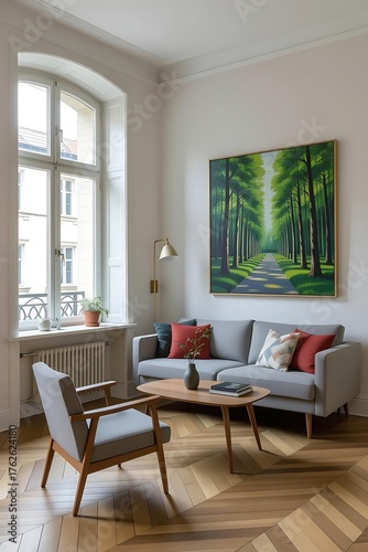Cozy living room with a sofa, armchair, and artwork.