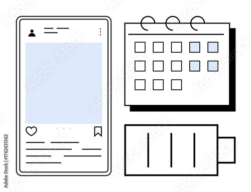 Social media post layout, calendar with highlighted dates, and battery icon. Ideal for productivity, planning, social media strategy, time management, content scheduling, digital lifestyle simple