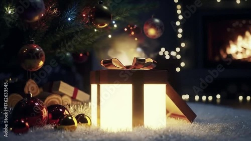 cinematic shot of a glowing Christmas gift box placed under a beautifully decorated Christmas tree at night
