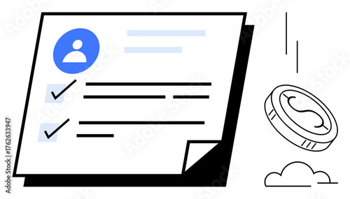 User profile card with checkmarks beside tasks, coin falling beside cloud. Ideal for finance, success, personal growth, online evaluation, performance tracking, goal setting, simple flat metaphor