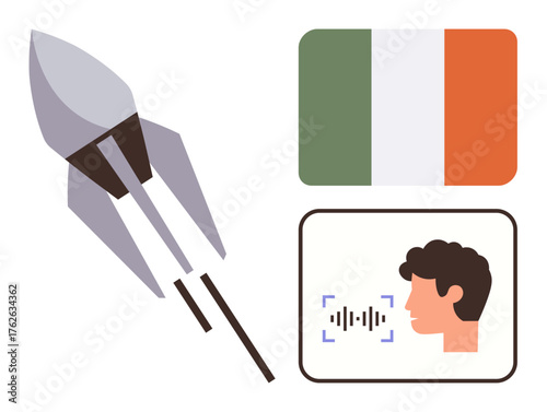 Rocket launching upward, Irish flag symbolizing location or identity, and speech recognition representing technology. Ideal for innovation, language, technology, communication, progress, global