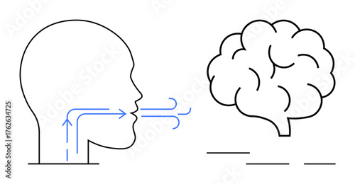 Human profile exhaling arrows toward a brain outline representing communication, speech, and understanding. Ideal for language, learning, cognition, neuroscience, psychology, education innovation