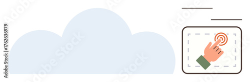 Large cloud shape beside hand tapping interactive panel representing cloud computing, digital access, and technology. Ideal for cloud service, data, interaction, touch, innovation technology. Simple
