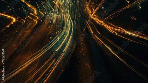 Abstract glowing light trails in golden and teal hues on a dark background, illustrating speed, technology, and energy with dynamic motion blur.