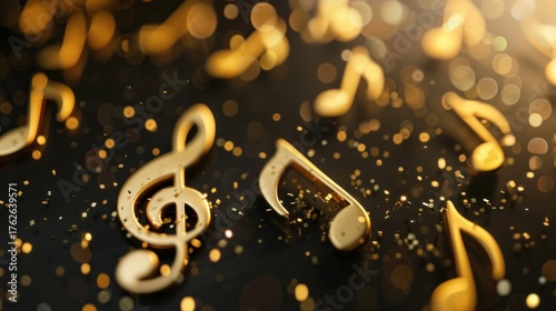 Elegant golden musical notes, treble clef, and eighth notes, sparkling with festive bokeh lights and scattered confetti on a dark background.