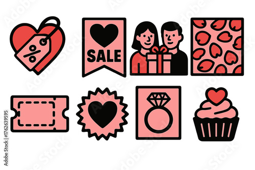 Valentine E-Commerce Promotions silhouette set: heart-shaped discount tag, love-themed sale banner, couple gift bundle, rose petal background ad, pink coupon icon, romantic offer