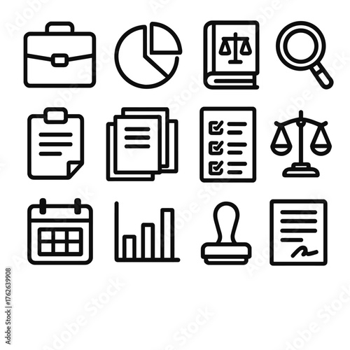 Corporate Legal Research outline icon set: briefcase, pie chart, law book, magnifying glass, report file, document stack, checklist, balance scale, calendar, bar chart, stamp,