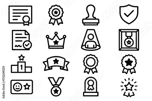 Recognition Icons outline icon set: certificate paper, signed award, official stamp, verified badge, approved document, crown with star, spotlight on person, framed medal, winner’s