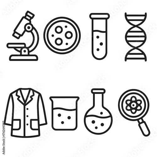 Scientific inspection outline icon set: microscope, petri dish, test tube, DNA strand, lab coat, beaker, chemical flask, magnifying glass on atom.