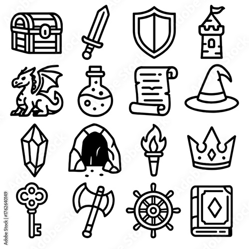 Fantasy Adventure outline icon set: treasure chest, magic sword, shield, castle tower, dragon, potion bottle, scroll, wizard hat, crystal gem, cave door, torch flame, crown,