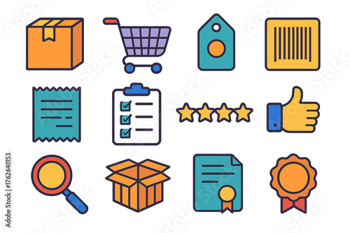 Product review flat icons: package box, shopping cart, tag, barcode, receipt, clipboard with check, star rating, thumbs up, magnifying glass, warranty sheet, open crate, seal stamp