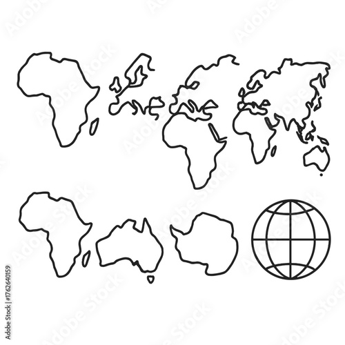 Continents of the world outline icon set: Africa icon, Europe icon, Asia icon, North America icon, South America icon, Australia icon, Antarctica icon, globe with all continents.