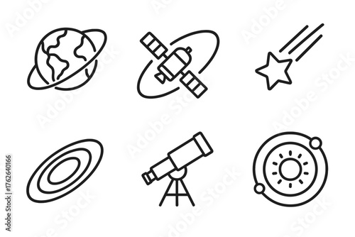 Orbit outline icon set: globe with satellite, orbital ellipse, shooting star, layered orbits, telescope, solar system.